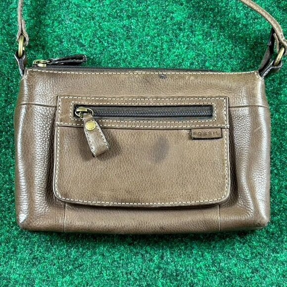 Fossil Front Zip Pocket Brown Leather Small Crossbody Bag Purse - Picture 2 of 9